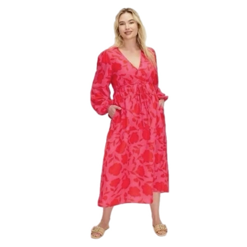 Kate Spade x Target NWT Classic Rose Linen Blend V Neck Midi Dress Pink/Red L